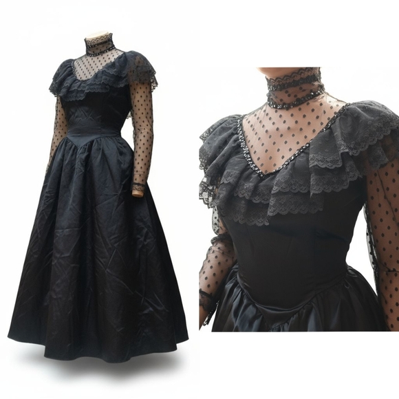 Vintage Black Lace Maxi Gown Gatsby Goth Victorian S-M - Picture 1 of 7